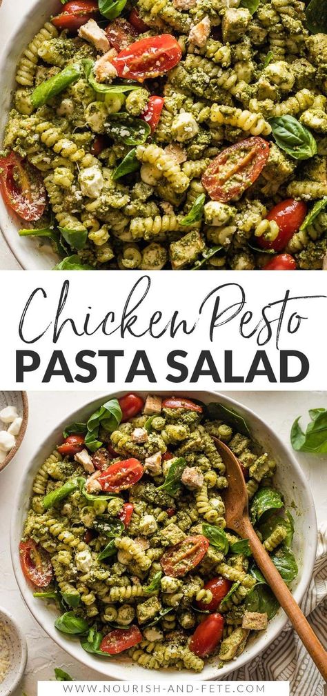 This easy-to-make Chicken Pesto Pasta Salad shines with fresh ingredients and tons of flavor. It's a lovely quick lunch or dinner, and is a terrific go-to for any warm-weather BBQ, potluck, or picnic. Easy to make ahead, and it only gets better with a day in the fridge. Pesto Recipes Dinner, Chicken Pesto Pasta Salad, Bbq Potluck, Chicken Pesto Pasta, Healthy Pasta Dishes, Creamy Pesto Pasta, Cilantro Recipes, Pesto Salad, Pesto Recipes