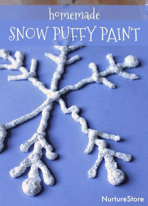 Homeschool January, Puffy Paint Recipe, Homemade Snow, Easy Snowflake, Art Recipes, 3d Snowflake, Paint Recipe, Snowflakes Art, Christmas Science