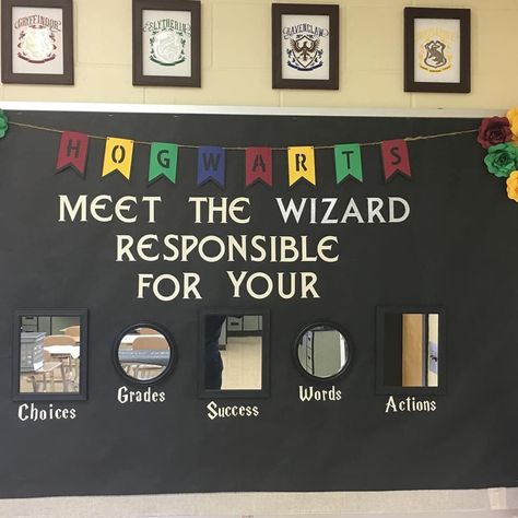 Cute idea for using mirrors on a classroom bulletin board. Could change the theme, but still get the same point across. Harry Potter Bulletin Board, Harry Potter Classroom Theme, Teacher Goals, Harry Potter Classes, Esl Ideas, Classe Harry Potter, Harry Potter School, Classroom Essentials, Harry Potter Classroom