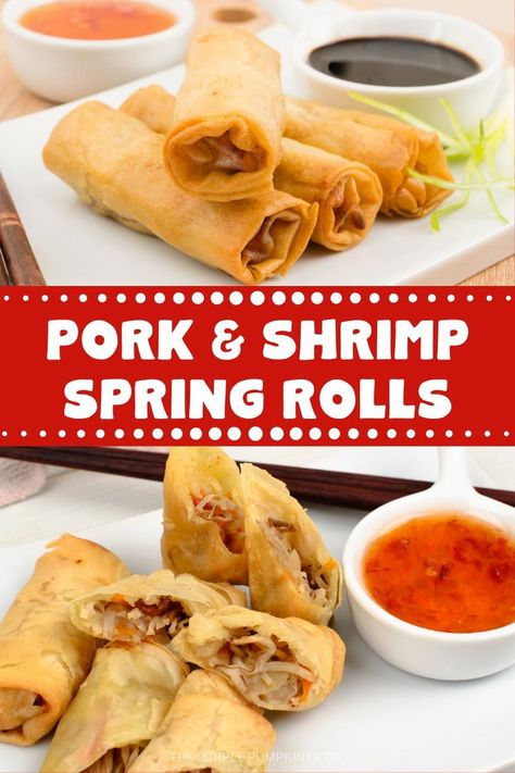 Cantonese Spring Rolls are a wonderful starter to make for a Chinese New Year dinner party. They are filled with pork, shrimp, and a variety of vegetables and deep-fried to golden perfection. A classic Chinese dish that is sure to be a hit with your guests! #CantoneseSpringRolls #ThePurplePumpkinBlog #ChineseNewYearRecipes #CantoneseRecipes #Recipes #SpringRolls #EggRolls #LunarNewYearRecipes #ChineseNewYear #LunarNewYear #HowToMakeSpringRolls New Years Dinner Party, Pancake Roll, Shrimp Spring Rolls, New Years Appetizers, Chinese Pork, New Years Dinner, Shrimp And Vegetables, Spring Roll Recipe, Chinese Dessert