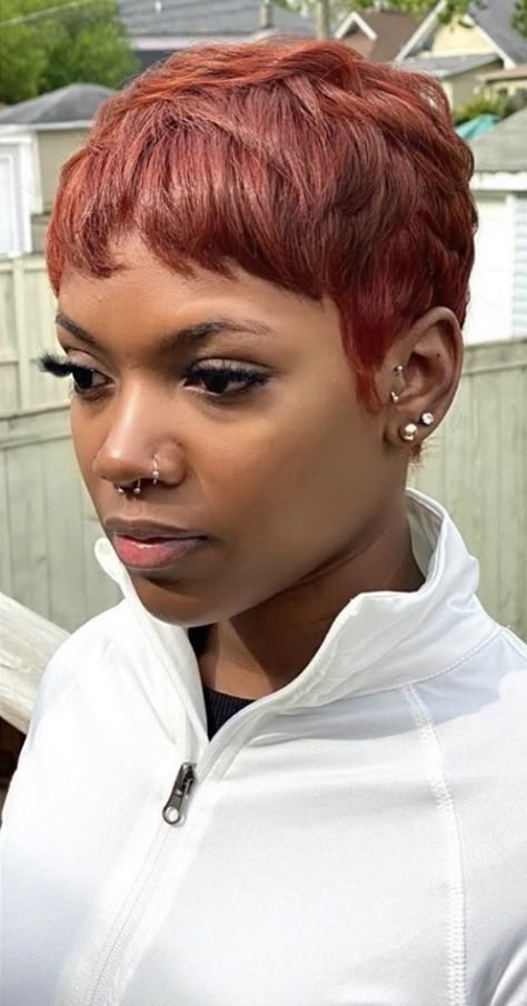 Pixie Haircut Color Ideas Black Women, Short Colored Pixie Hair Black Women, Pixie Haircut For Black Women 4c, Fall Pixie Hair Color Black Women, Copper Pixie Cut Black Women, Red Pixie Cut On Black Women, Auburn Pixie Haircut Black Women, Dyed Pixie Cut Black Women, Pixie Haircut For Black Women Color