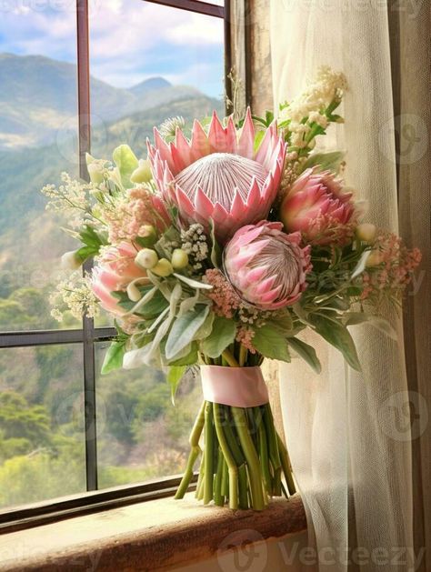 Pink protea flower copy space background. AI Generated Pink Protea Bouquet, Wedding Bouquet Protea, Pink Protea, Protea Wedding, Protea Bouquet, King Protea, Protea Flower, Space Background, Bride Bouquet