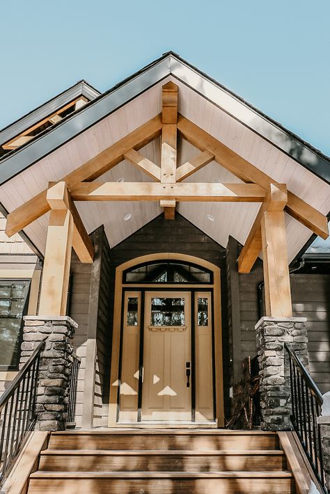 Wood Gable Front Porch, Cedar Portico Entry, Post And Beam Entrance, Timber Frame Entryway, Timber Frame Gable, Timber Frame Front Entry, A Frame Entryway Exterior, Timber Frame Entrance, Timber Frame Homes Exterior