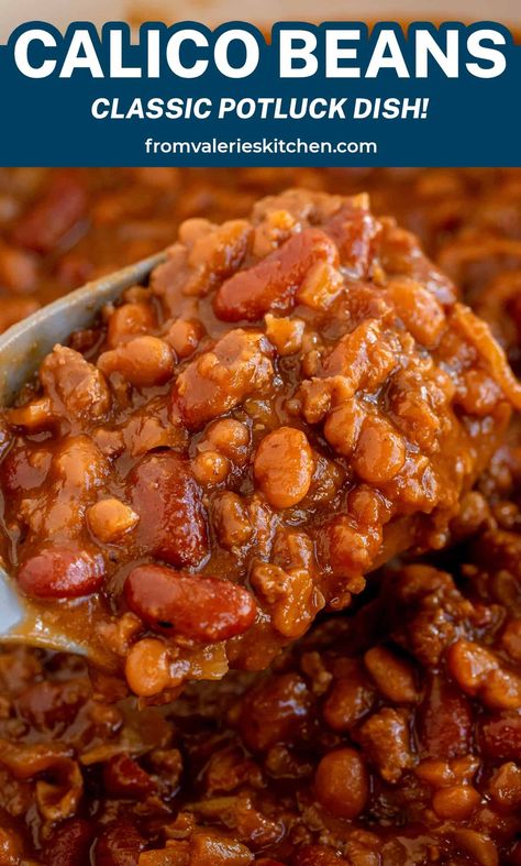 A variety of canned beans and ground beef come together to create these classic Calico Beans. These smoky, flavorful beans are perfect for summer gatherings! Calico Bean Casserole, Calico Beans For A Crowd, Trucker Beans Recipe, Crock Pot Calico Beans, Calico Beans Recipe Crockpot, Calypso Beans Recipes, Pioneer Woman Cowboy Beans, Calico Beans Crockpot, Crockpot Calico Beans