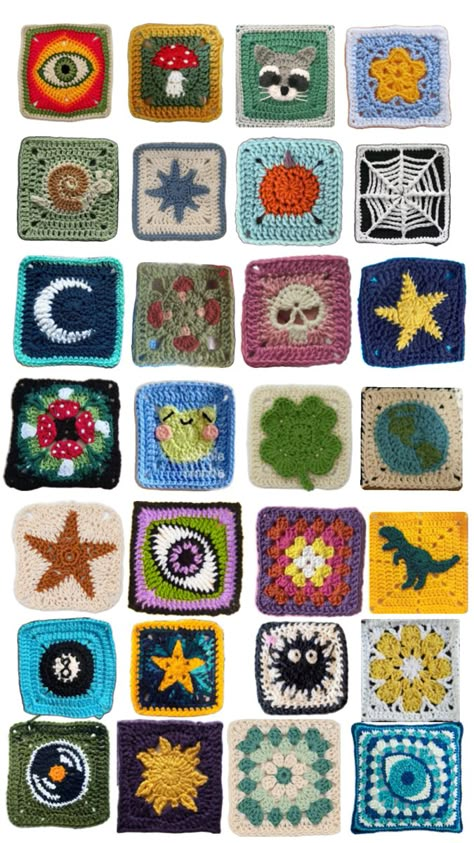 #grannysquare trend Granny Square Crochet Layout, Funky Crochet Squares, Granny Square Crochet Pattern Aesthetic, Granny Square Ideas Crochet, Granny Squares Unique, Kawaii Granny Square Crochet, Granny Square Layout Ideas, Themed Granny Squares, Funky Granny Square Crochet