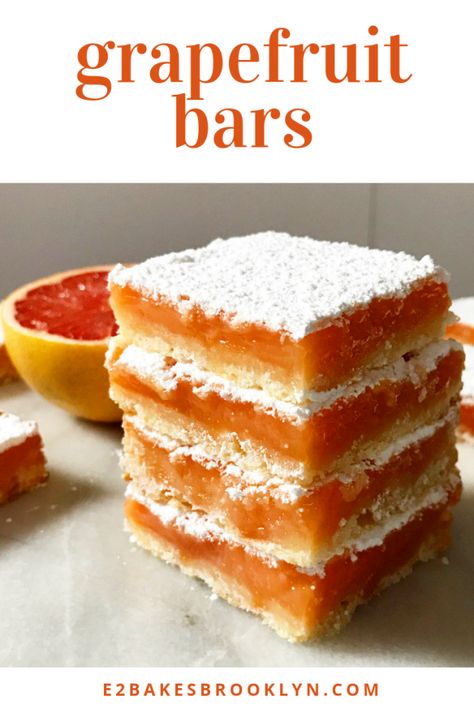 Grapefruit Bars | e2 bakes brooklyn Grapefruit Dessert, Grapefruit Bars, Grapefruit Recipes, Citrus Desserts, Citrus Recipes, Ruby Red Grapefruit, Sweet Tarts, Cookie Desserts, Dessert Bars