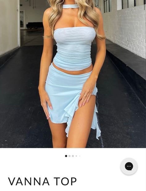 Blue Mini Skirt Outfit, Tiger Mist Outfits, Sky Blue Outfit, Mesh Mini Skirt, Light Blue Skirts, Light Blue Sky, Blue Two Piece, Sky Blue Color, Pink Mini Skirt