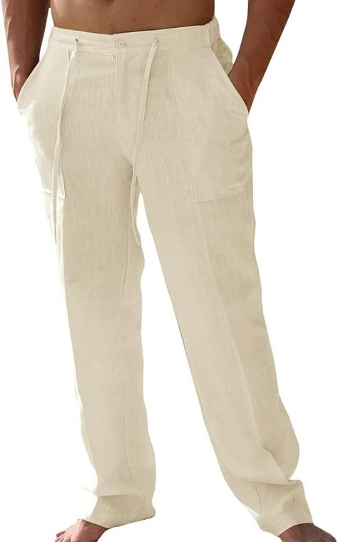 PASLTER Mens Casual Linen Pants Loose Fit Elastic Drawstring Waist Straight-Legs Summer Yoga Beach Long Pants at Amazon Men’s Clothing store Mens Linen Trousers, Linen Beach Pants, Yoga Beach, Casual Linen Pants, Summer Yoga, Mens Linen Pants, Casual Summer Pants, Cotton Linen Pants, Beach Yoga