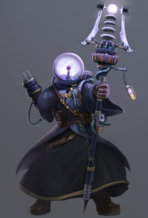 Steampunk Necromancer, Wizard With Staff, Tiamat Dragon, Electric Wizard, Steampunk Characters, Illustration Fantasy, Tesla Coil, Heroic Fantasy, Arte Robot