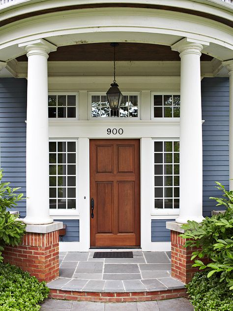 Pretty windows and white trim makes this classic brown door stand out. See more ideas for exteriors: http://www.bhg.com/home-improvement/exteriors/?socsrc=bhgpin072612classicbrowndoor Traditional Front Doors, House Porch, Front Door Makeover, House Work, Brown Doors, Colonial Exterior, Florida Style, Property Brothers, Casa Exterior