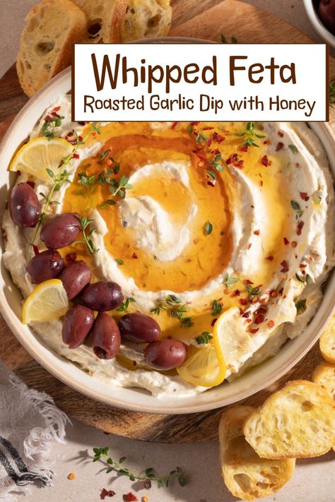 Whipped Feta Roasted Garlic Dip with Honey Roasted Olives With Whipped Feta, Roasted Feta Dip, Creamy Whipped Feta Dip With Roasted Tomatoes And Chickpeas, Whipped Feta Honey Dip, Whipped Feta Dip With Fig, Whipped Eggplant Dip, Best Onion Dip, Baked Whipped Feta Dip, Whipped Feta With Olives