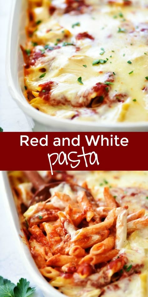 Recipes With Spaghetti Sauce Dinners, Dinner With Red Sauce, Two Sauce Pasta Bake, Pasta With Spaghetti Sauce And Alfredo, Spaghetti Sauce Dinner Ideas, Red Sauce And White Sauce Pasta, Alfredo Spaghetti Pasta, Meatless Pasta Casserole Recipes, Pasta With Alfredo And Spaghetti Sauce