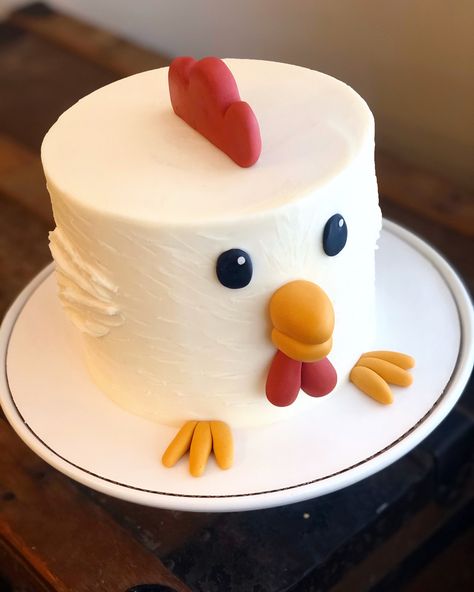 Farm Theme Sheet Cake, Indoor Farm Birthday Party, Chicken Second Birthday, Chicken Cupcakes Birthday, Chicken Cupcake Cake, Chicken Cakes Birthday Ideas, Chicken Birthday Cake Ideas, Cute Animal Cake Ideas, Chicken Themed Birthday Cake