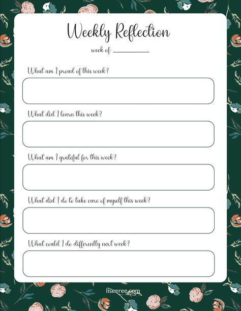 I made something for you. It's the third piece in this planning and reflection series, and I'm hopeful that you'll find it useful. I love learning, and often the greatest lessons come from reflecting on the things we've gone through. That's one reason I wanted to create this simple reflection worksheet. Use it with the Self-care Reflection and the Weekly Plan worksheets to make sure you're taking care of YOU. It's not selfish, it's necessary if you want to be mentally, emotionally, and phys Weekly Reflection Template, Weekly Reflection Journal, Bullet Journal Reflection, Reflection Worksheet, Weekly Reflection, Improve Your Self, Reflection Journal, Growth Quotes, Journal Writing Prompts