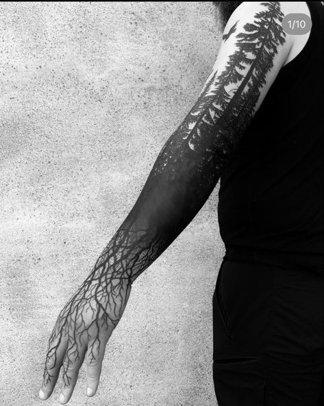 Dark Gothic Sleeve Tattoo, Tree Tattoo Cover Up, Evil Tree Tattoo, Fern Wrist Tattoo, Blackout Forearm Tattoo, Solid Tattoo Cover Up, Hand Tree Tattoo, Tree Sleeve Tattoo For Men, Botanical Tattoo Sleeve Black