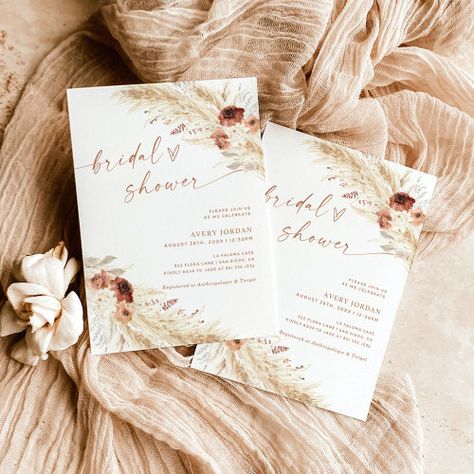 Boho Terracotta Pampas Grass Bridal Shower Invite #zazzle #weddinginvitations #birthdayinvitations #babyshowerinvitations #zazzleinvitations #monogram #businesscards #graduation #homedecor Bridal Shower Minimalist, Bridal Shower Modern, Shower Minimalist, Popular Wedding Invitations, Shower Modern, Fall Bridal Shower Invites, Bohemian Bridal Shower, Wedding Shower Invitation, Modern Bridal Shower