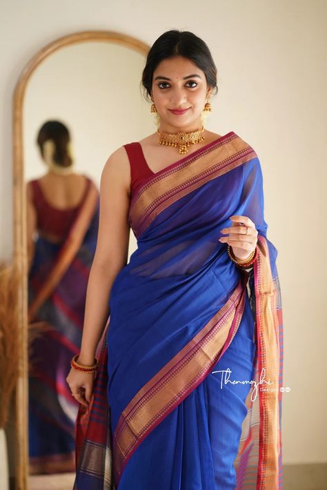 Athmika Sumithran, Marathi Saree, Royal Blue Saree, Stylish Saree, Saree Ideas, Makeup Order, Simple Saree Designs, Women Saree, Traditional Blouse Designs