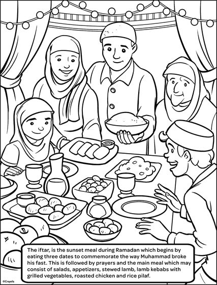 Ramadan Iftar Coloring Page | crayola.com New Coloring Pages, Ramadan Printables, Ramadan Iftar, Crayola Coloring Pages, Ramadan Poster, Ramadan Kids, Kids Diary, Ramadan Activities, Kid Coloring Page