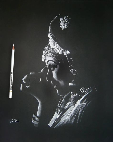 Preparing for an important occasion. White Pencil Portraits. Click the image, for more art from Sujith Puthran. Tattoo Pencil, Drawing Dragon, Charcoal Paint, Black Canvas Art, Black Paper Drawing, Charcoal Sketch, Black And White Sketches, Charcoal Art, Digital Portrait Art