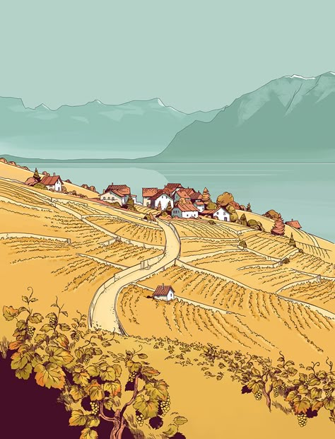 Le Guillon on Behance Nature Concept Design, Village Illustration Art, Small Town Concept Art, Illustrated Backgrounds, Nature Background Illustration, Background Art Reference, Peaceful Illustration, Scenery Sketch, Place Drawing