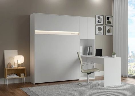 Hokku Designs Brainna Murphy Bed With Desk | Wayfair Murphy Bed With Desk, Full Murphy Bed, Desk Units, Melamine Cabinets, Murphy Bed Desk, Queen Murphy Bed, Bed With Desk, Soft Opening, Beds And Headboards