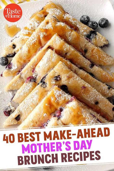 Breakfast Ideas For Brunch Party, Sunday Brunch Party Ideas, Make Ahead Mother's Day Brunch, Small Group Breakfast Ideas, Take Along Breakfast Ideas, Mothers Day Brunch Ideas Food Make Ahead, Good Brunch Ideas, Make Ahead Mini Pancakes, Easy Diy Brunch Ideas