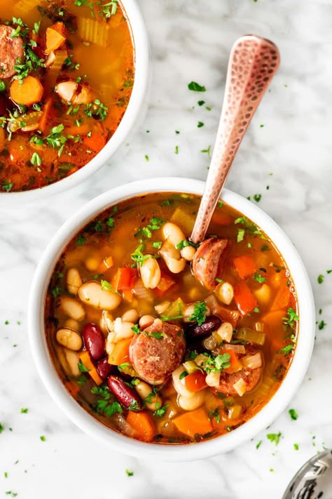 Sausage and Bean Soup Creamy Bean Soup, Sausage And Bean Soup, Bean Soup With Sausage, Soup Sausage, Kidney Bean Soup, Sausage Beans, Ground Sausage Recipes, Bean And Sausage Soup, Soup With Sausage