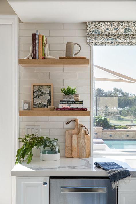 Floating shelves in this kitchen are perfect for displaying cookbooks, art and some greenery. Design: TK Styled Interiors Instagram: @tksi_ Photography: Mellon Studio Kitchen Renovation Diy Ideas, White Kitchen Renovation, Kitchen Open Shelves, Diy Kitchen Renovation, Open Kitchen Shelves, All White Kitchen, Apartment Kitchen, Kitchen Themes, Open Shelves