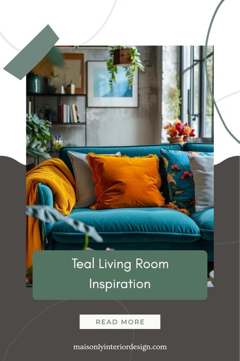 Transform your space with these stunning teal living room inspiration ideas. Teal is a refreshing color that blends tranquility with modern design, making it perfect for cozy family rooms. From wall colors to furniture choices, discover how to create balance with this versatile hue. Add pops of contrasting colors through accessories and textiles to make your teal living room feel exciting yet tranquil. Explore creative layouts and accents to get the most peaceful look for your home that reflects your personal style shining through. Teal Couch Wall Color, Teal Velvet Sofa Living Room, Turquoise Sofa Living Room Decor, Teal Living Room Ideas, Teal Velvet Sofa, Teal Living Room, Interior Paint Color, Teal Living Room Decor, Turquoise Sofa