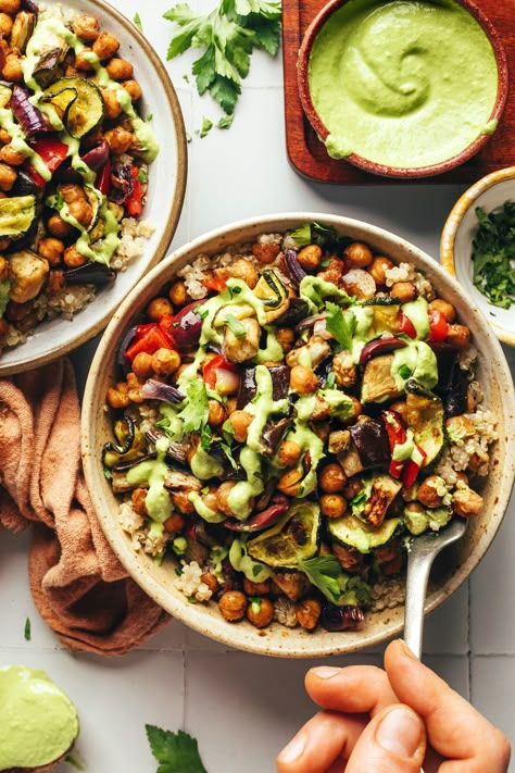 Vegetarian Hummus Bowl, Chickpea Tahini Bowl, Roasted Vegetable And Chickpea Bowl, Roasted Veggie And Chickpea Bowls, Roasted Chickpea Bowl Recipes, Roasted Veggie Bowl Sauce, Greens And Grains Bowl, Roasted Veggie Bowls, Veggie Bowl Dressing