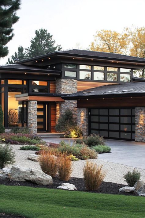 58 Contemporary House Exteriors That Are Hot Right Now Modern Home Exteriors Contemporary, Dark House With Wood Accents, Mountain Contemporary Home Exterior, Pacific Northwest Homes Exterior, Brick And Wood House Exterior, Exterior Contemporary Homes, Industrial Modern House Exterior, Clearstory Architecture, 80s Contemporary House Exterior