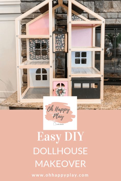 Fun ideas for an EASY DIY dollhouse makeover by Oh Happy Play. Bring an old dollhouse from drab to fab with these simple ideas. #dollhouse #diy #kidstuff #ohhappyplay Barbie House Makeover Diy, Simple Diy Dollhouse, Diy Gabbys Dollhouse, Kidkraft Dollhouse Makeover, Dollhouse Upcycle, Dollhouse Makeover Diy, Doll House Makeover Diy, Dollhouse Restoration, Dollhouse Makeover