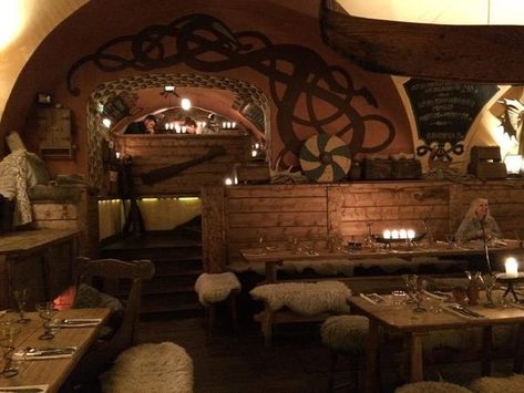 Dine on food tied to Viking history and legend at this subterranean Stockholm spot. Viking Interior Design, Viking Decor Interior Design, Viking Restaurant, Viking Hall, Viking Home Decor, Gastro Obscura, Dark Basement, Viking House, Viking Decor