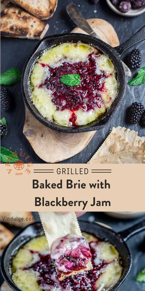 Grilled Baked Brie with a homemade blackberry jam is an excellent holiday party appetizer! Use fresh or frozen blackberries for one of the best appetizer recipes. Blackberry Brie Appetizer, Blackberry Brie Bites, Blackberry Baked Brie, Blackberry Brie, Baked Brie Honey, Baked Brie With Jam, Grilled Brie, Barbie Foods, Brie Recipes Appetizers