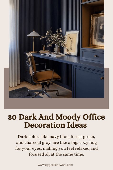 30 Dark And Moody Office Decoration Ideas and Inspirations That Exude Sophistication And Elegance 1 Dark Wood Floor Office, Wood Floor Office, Dark Blue Home Office, Dark And Moody Office, Blue Home Office, Office Decoration Ideas, Home Office Dark, Blue Home Offices, Moody Office