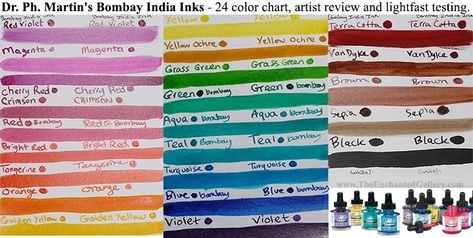 Dr. Ph. Martin's Bombay India Inks Review and Lightfast Testing | Kimberly Crick Art Nouveau Mermaid, Watercolor Swatches, Fairy Nature, Supply Room, Painting Instructions, Yellow Violet, Art Media, Watercolor Tips, Liquid Watercolor