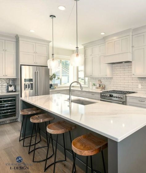 Brittanica Cambria Quartz Countertops, Quartz Island Countertop, Kitchen Island Gray, Open Kitchen With Island, Quartz Island, Grey Painted Kitchen, Color Consultant, Painted Island, Open Kitchen Layouts