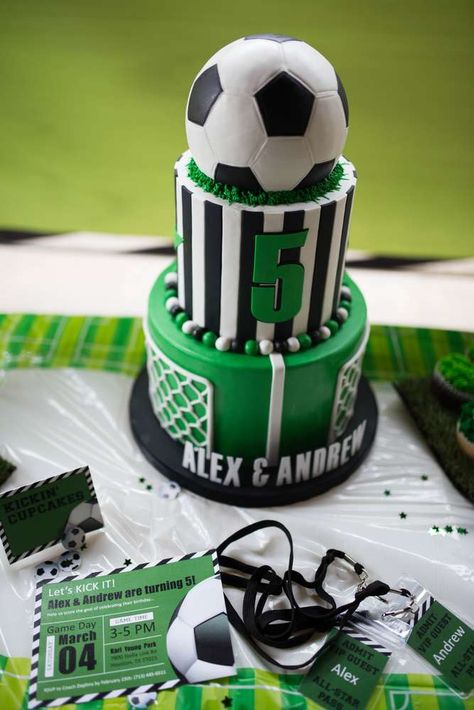 2 Tier Football Cake, Soccer Birthday Party Ideas, Soccer Party Decorations, Soccer Ball Cake, Soccer Birthday Cakes, Soccer Birthday Party, 6th Birthday Boys, Football Birthday Cake, Tiered Cakes Birthday