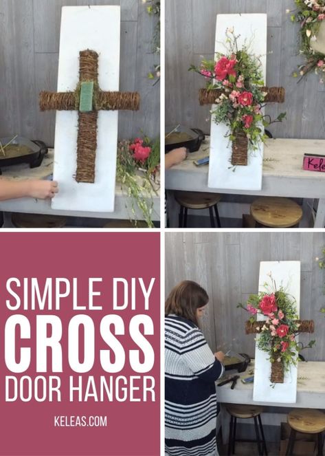 Cross Cemetery Arrangements, Floral Cross Door Hanger, Floral Cross Wreath, Floral Cross Arrangement, Grapevine Cross Wreath, Easter Flower Cross, Faith Door Hanger, Diy Cross Decor Ideas, Diy Memorial Wreath