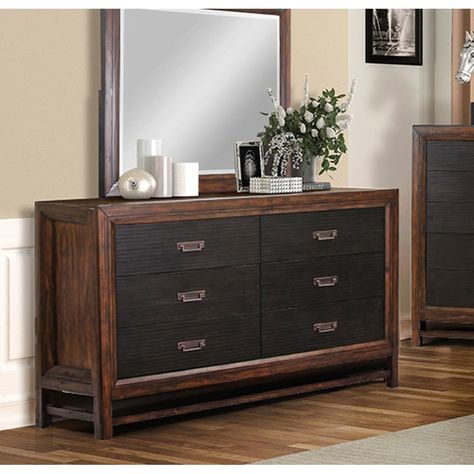 The Branson 6-drawer Dresser delivers a unique and modern interpretation of Arts and Crafts style. Constructed from Pine Solids and Pine Veneers, this dresser boasts a Two-Tone Rustic Buckeye and Black Finish complete with Antique Brass Hardware. Brown Bedroom Furniture Decor Ideas, Black Brown Furniture, Brown Bedroom Furniture Decor, Dresser And Nightstand, Brown Furniture Bedroom, Dresser Ideas, Black Shutters, Six Drawer Dresser, Transitional Bedroom