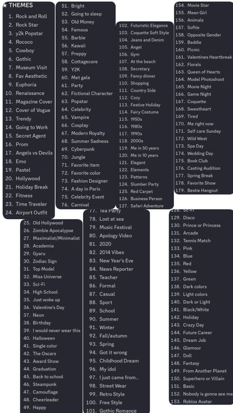 All themes currently in Dress To Impress Dti Themes You Might Not Understand, All Dti Themes List 2024, Themes To Dress Up As, Dress To Impress List Of Themes, List Of Dti Themes, Random Dti Themes, Hardest Dti Themes, Themes On Dress To Impress, Themes For Outfits