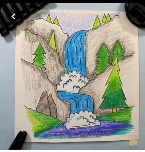 Drawing Ideas For Class 5, Drawing Ideas For School, Drawing For School, Nature Drawing For Kids, Waterfall Drawing, Drawing Pictures For Kids, Draw For Kids, Scenery Drawing For Kids, Hand Art Kids