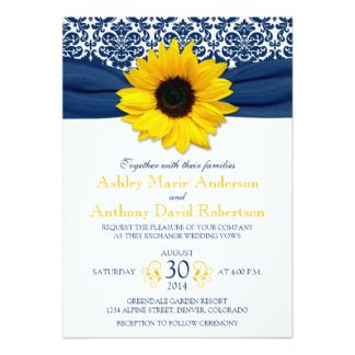 Yellow Wedding Invitations, Yellow Wedding Theme, Blue And White Wedding, Sunflower Theme, Navy Blue Wedding Invitations, Damask Wedding, Sunflower Wedding Invitations, Navy Wedding Invitations, Yellow Theme