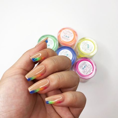 How To Create Rainbow Ombre Nails Using Dip Powder | DipWell | DipWell Pride Nails Dip Powder, Dip Powder Tricks, Nail Design Dip Powder, Dip Powder Nail Art Ideas, Pride Dip Nails, Rainbow Gradient Nails, How To Do Designs With Dip Powder, Rainbow Dip Powder Nails, Nail Dipping Powder Designs Ombre