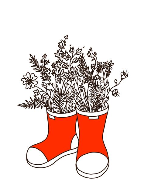 Rainboot Tattoo, Rain Boots Tattoo, Flower In Boot Tattoo, Cowboy Boot With Flowers Tattoo Simple, Rain Boot Drawing, Athena Tattoo, Shoes Illustration, Tattoo Placement, Rain Boots