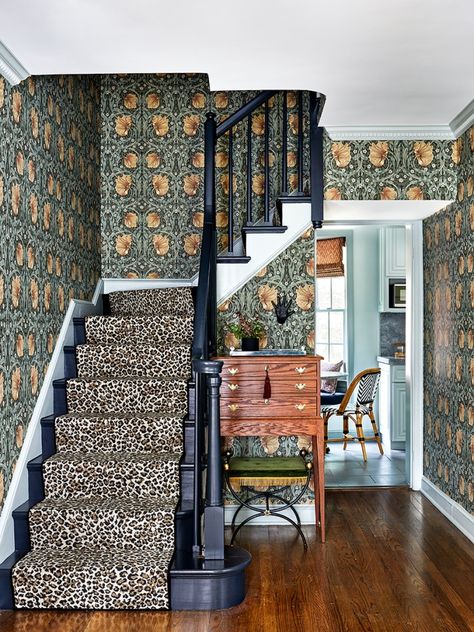 A Tonal Blue Kitchen Sits at the Heart of This British- Inspired D.C. Home Animal Print Stairs, Animal Print Carpet On Stairs, Cheetah Print Stair Runner, Leopard Runner On Stairs, Stair Runner Animal Print, Whimsical Farmhouse, Inspiration Pics, Historic Renovation, House Redesign