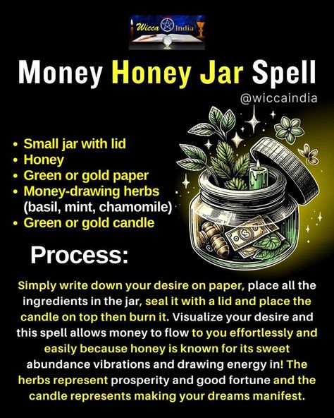 Honey Jar Spell, Witches Jar, Attracting Money, Jar Spells, Money Honey, Magic Herbs, Spell Jar, Gold Candle, Witch Diy