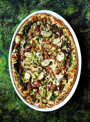 Deep-Dish Pizza with Turkey Sausage and Brussels Sprouts | Real Simple Sprouts Recipe, Cold Weather Food, Tailgating Recipes, Sprout Recipes, Brussels Sprouts Recipe, Deep Dish Pizza, Winter Dinner, Pizza Pizza, Turkey Sausage