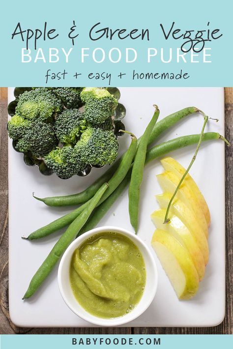 This delicious apple, green bean, and broccoli baby food puree is fast and easy to prepare, and a beautiful green huge. This healthy homemade stage one puree comes together in just minutes, is packed with vitamins, and and perfect for babies aged 6 months and up. #babyfood #stageone Broccoli Baby Food, Baby Broccoli Recipe, Green Bean Baby Food, Broccoli Puree, Baby Food Puree, Diy Baby Food, Easy Baby Food Recipes, Healthy Baby Food, Baby First Foods