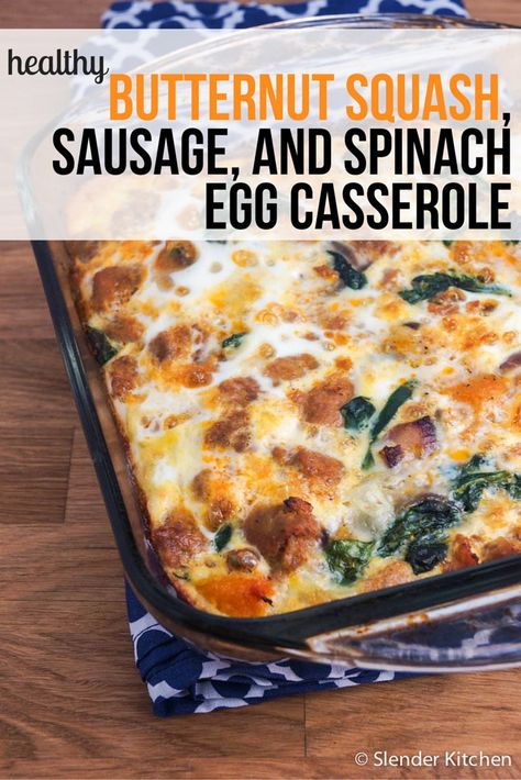 Sausage and Butternut Squash Breakfast Casserole - Slender Kitchen Squash Breakfast Casserole, Sausage And Butternut Squash, Spinach Egg Casserole, Butternut Squash Breakfast, Squash Breakfast, Healthy Butternut Squash, Sausage Spinach, Slender Kitchen, Breakfast Casserole Sausage